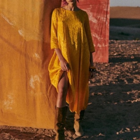 Sezane 42 US 10 Tinsley Jacquard Yellow Midi Dress 3/4 Sleeve - Picture 9 of 9